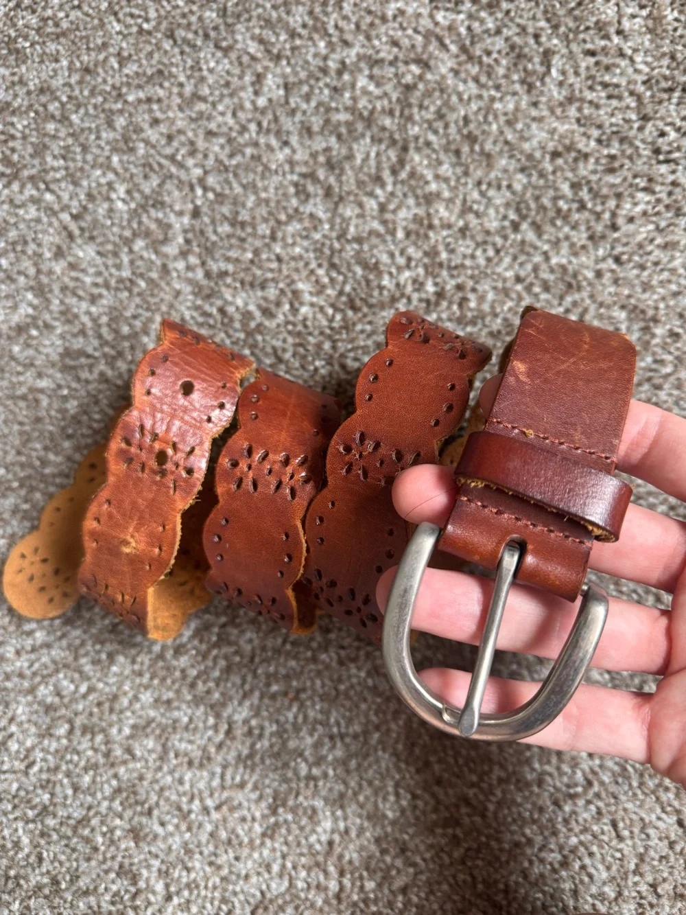 Floral brown leather belt